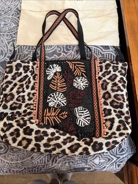 Leopard Print Tote Bag with Embroidered Floral Panel - Black & Brown